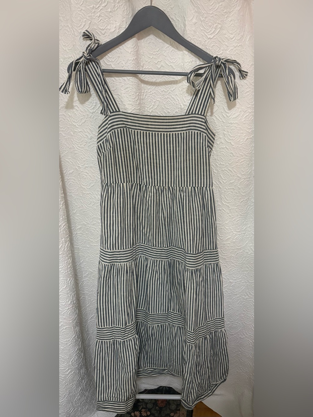By The River Blue Striped Tiered Midi Sundress Medium Tie Straps Smocked
